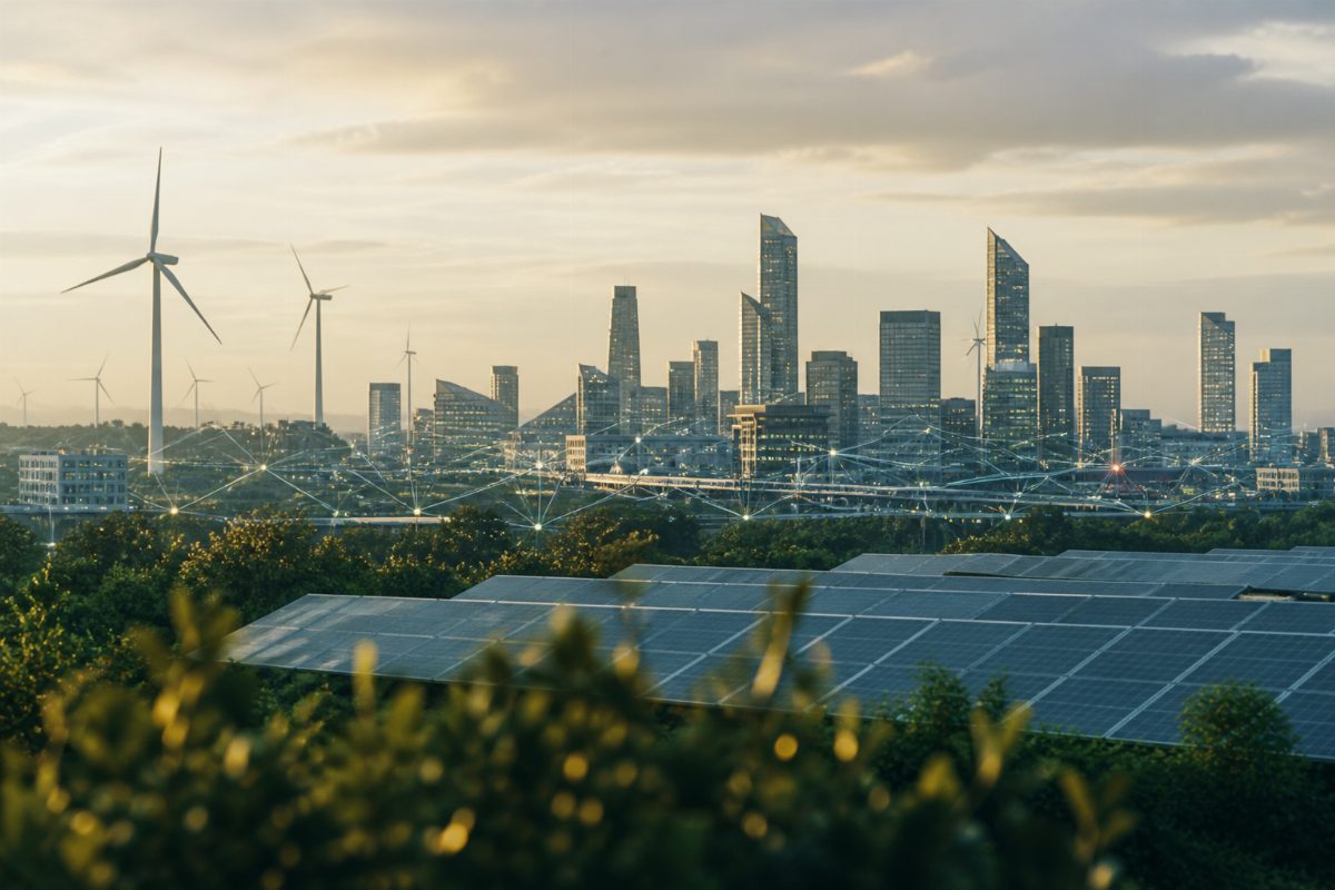 Futuristisk svensk stad med förnybar energi